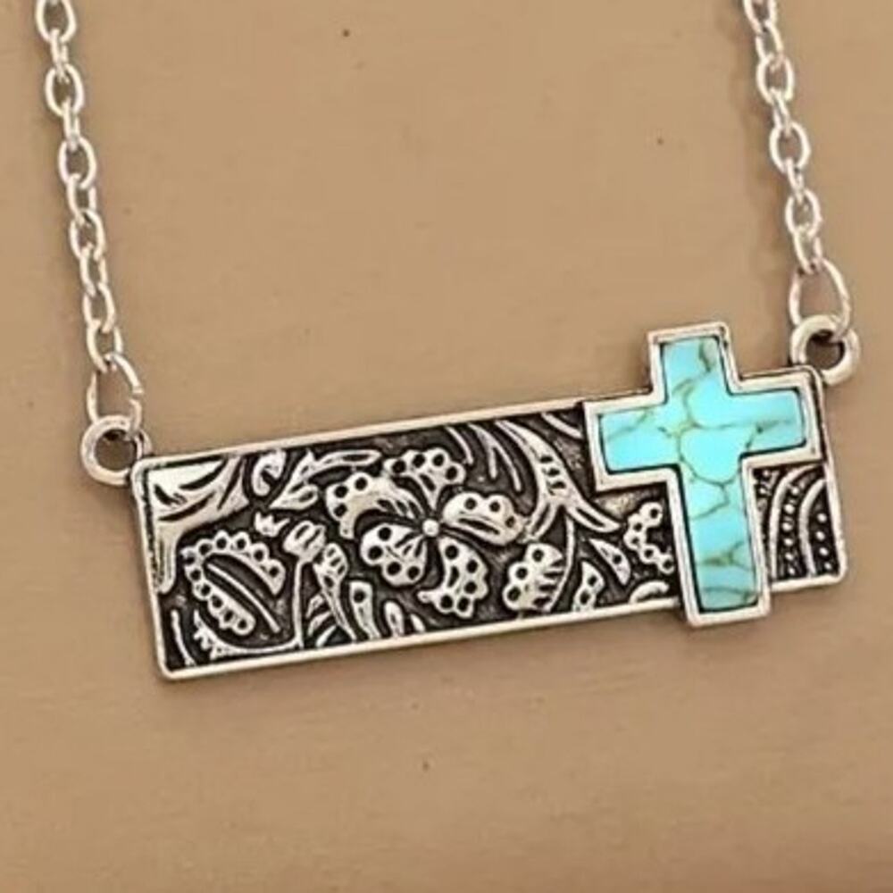 Boho Western Turquoise Cross Bar Pendant Necklace Silver & Turquoise